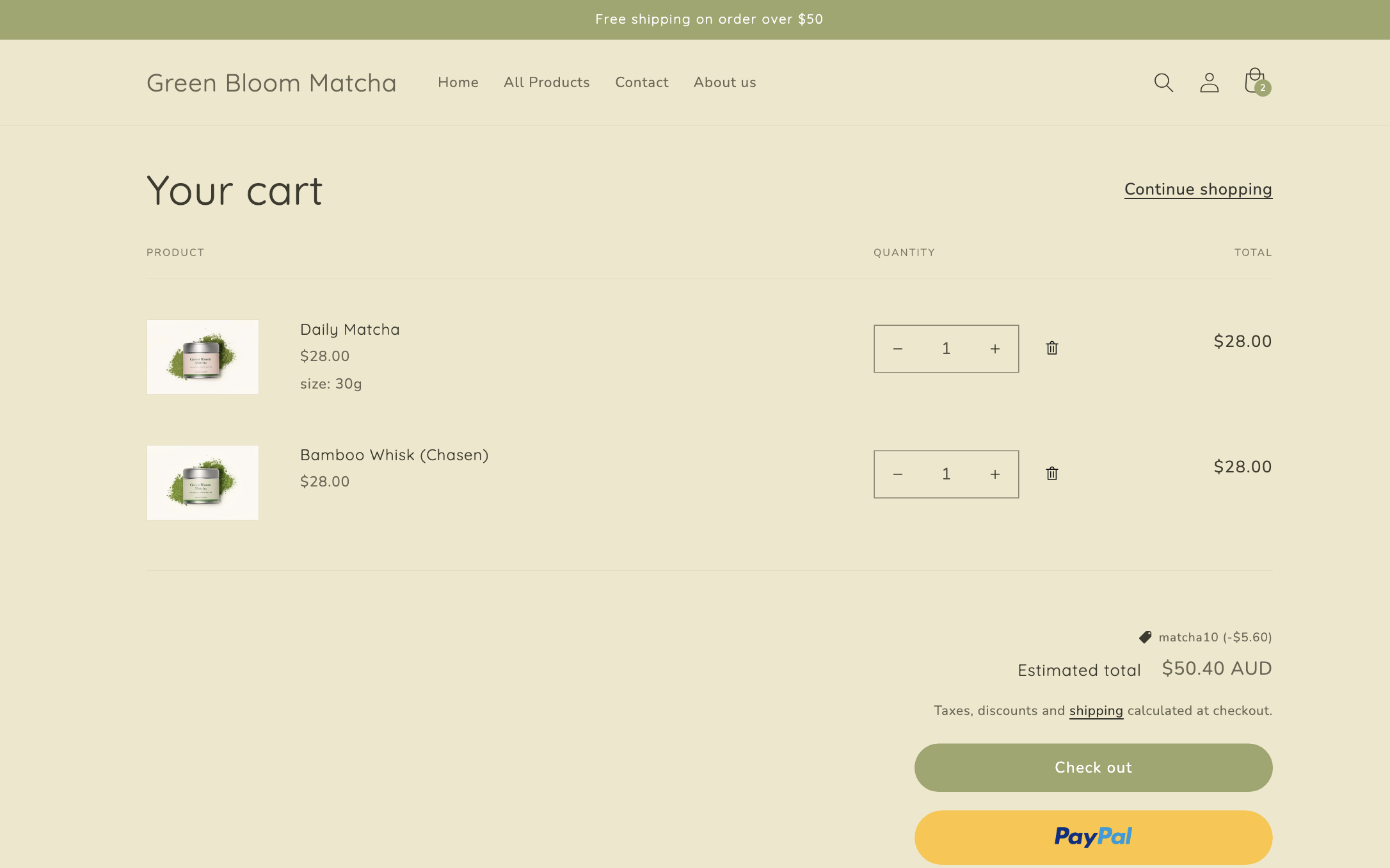 Green Bloom Matcha cart page and checkout flow on Shopify