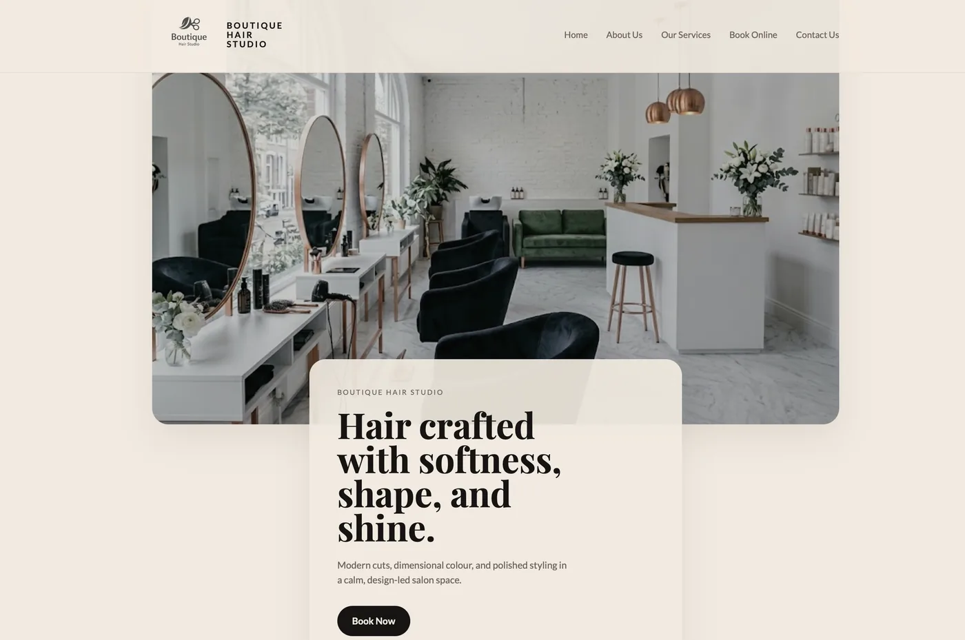 Boutique Hair Studio website homepage preview