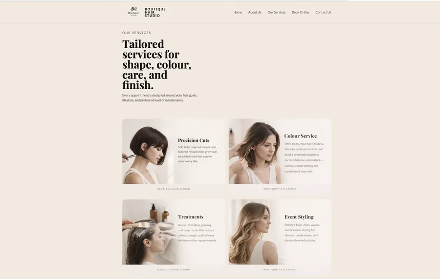 Boutique Hair Studio layout detail showing clear section hierarchy