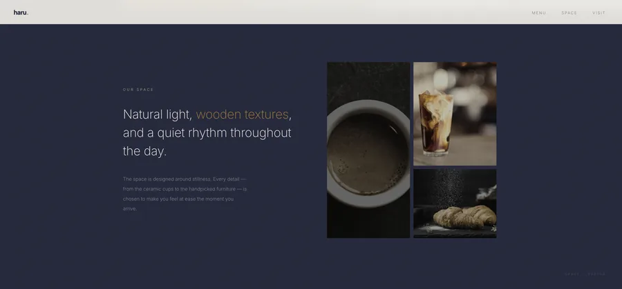 Haru Cafe content layout showing balanced white space and typography