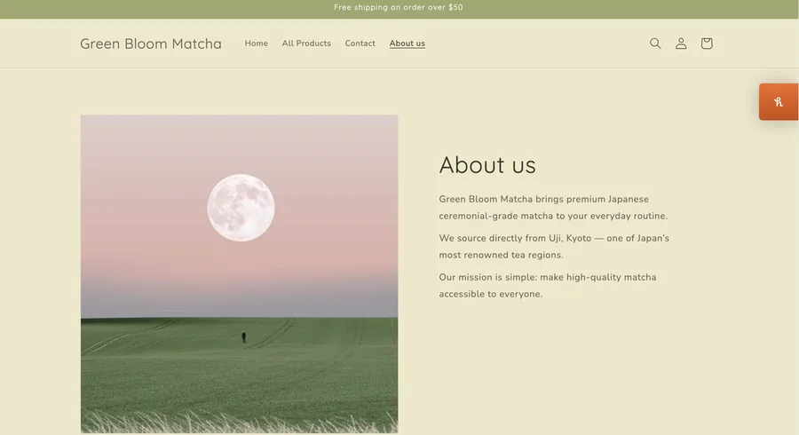 Green Bloom Matcha about section with calm editorial brand layout
