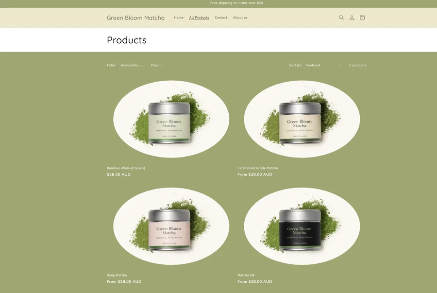 Green Bloom Matcha Shopify product grid and collection presentation